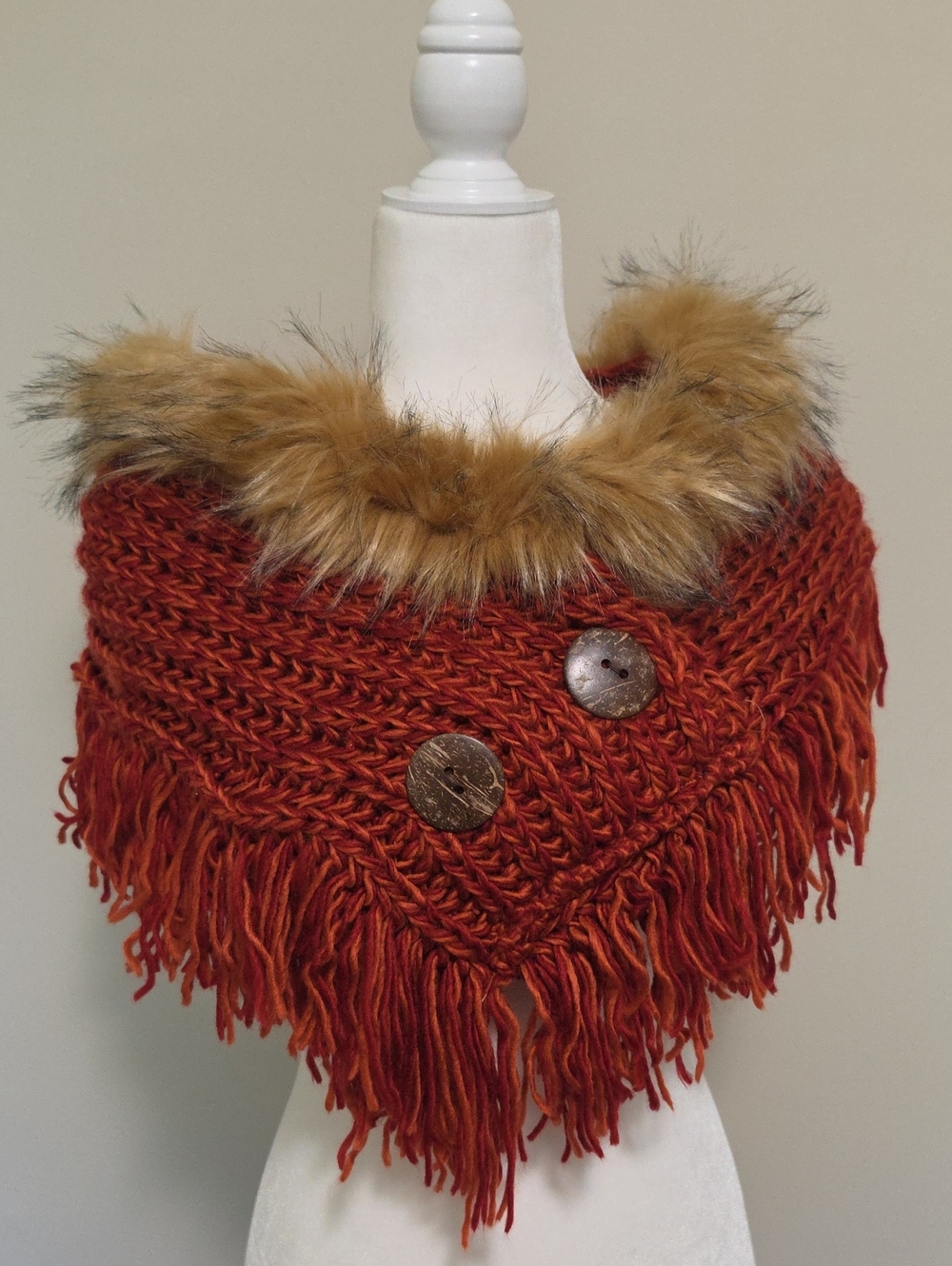 Boho Rust Orange Chunky Knit Fringe Poncho Wrap with Faux Fur Collar